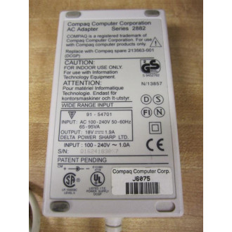 Compaq J6075 AC Adapter 213563001 Series 2882 - Used