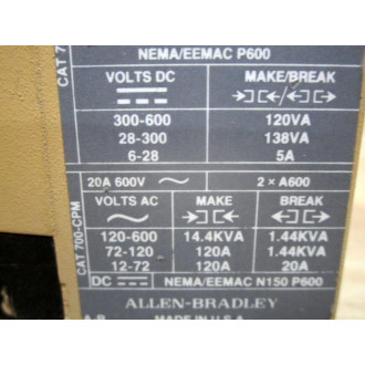 Allen Bradley 700-P600A1 AC Relay 700P600A1 Ser B - New No Box