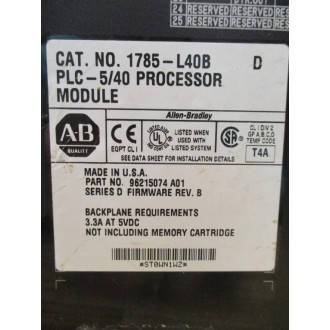 Allen Bradley 1785-L40B CPU Module 1785L40B Ser.D FW Rev.B WO Key - Used