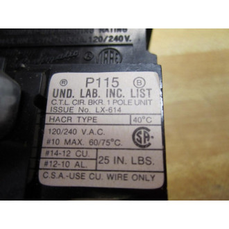 Siemens P115 ITE  Pushmatic Breaker 15A 1P 120240V