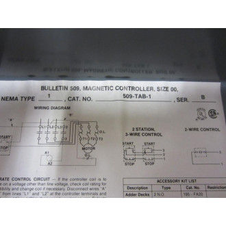 Allen Bradley 509-TAB-1 Full Voltage Starter Series B - New No Box