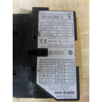 Allen Bradley 100-A12NZ*3 Contactor 100A12NZ3 Corner ChippedSeries B - Used