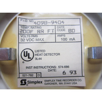 Simplex 4098-9404 Heat Detector 0677007 40989404 4098