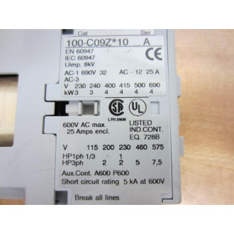 Allen Bradley 100-C09ZJ10 Contactor 100-C09Z*10 Series A - New No Box