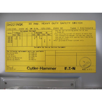 Cutler Hammer DH-221NGK Eaton Safety Switch DH221NGK