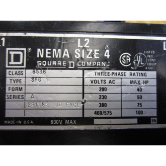 Square D 8536 SFG 1 Size 4 Starter Type SFG 1 8536SFG1 Series A - Used