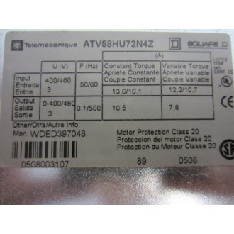 Square D ATV58HU72N4Z Altivar 58 TRX ATV-58HU72-N4Z - Used
