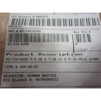 42-310-0200 423100200 Clamp 58 X 716 X 516 (Pack of 8) - New No Box