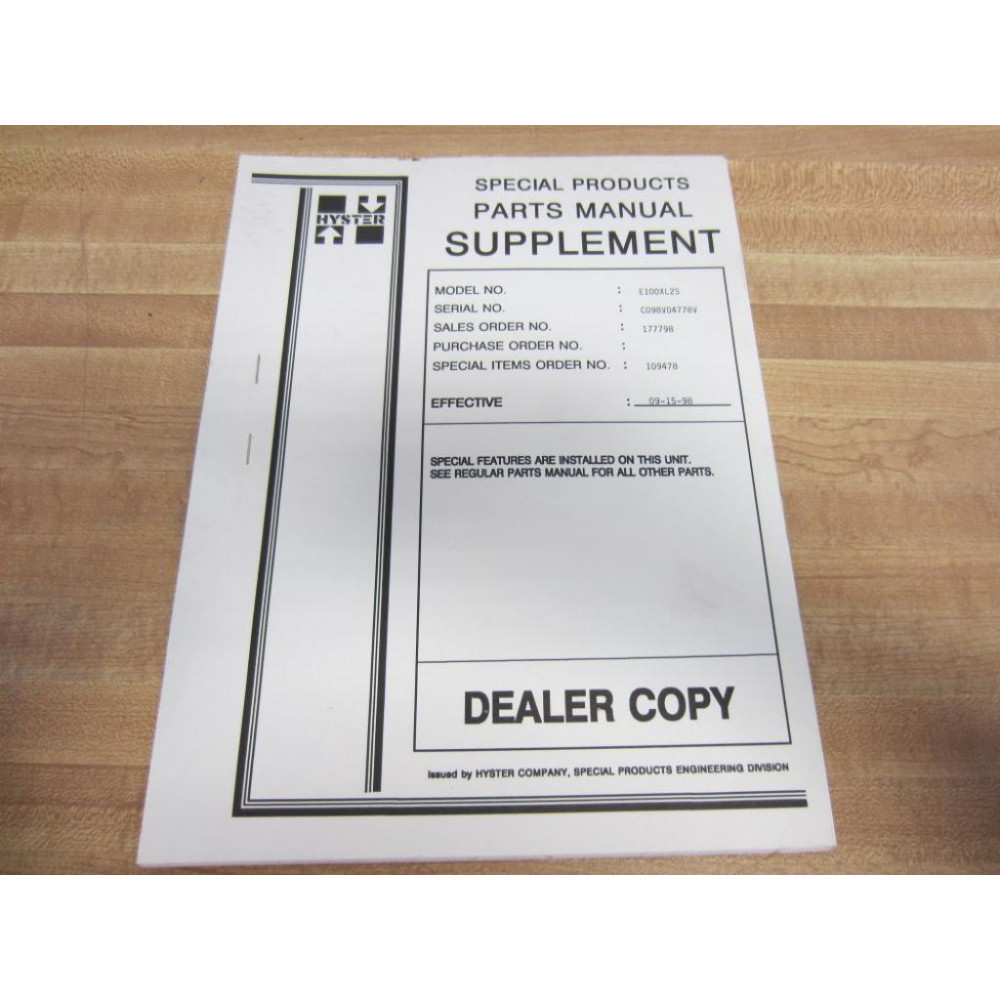 Hyster E100XL2S Special Products Parts Manual Dealer Copy Hy-E100XL2S - Used