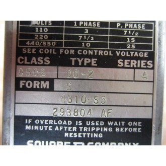 Square D 8502 DO-2 Contactor Series A Form S 8502DO2 - Used