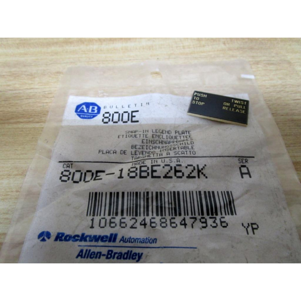 Allen Bradley 800E-18BE262K Legend Plate 800E18BE262K Series A