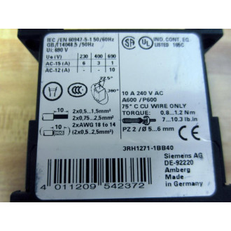 Siemens 3RH1271-1BB40 Relay 3RH12711BB40 - Used