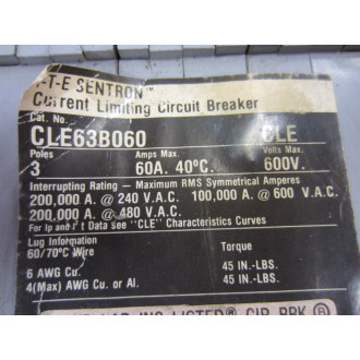 Siemens ITE CLE63B060 Circuit Breaker 3 Pole 60A 600 Vac - Used