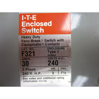 ITE F321 ITE Enclosed Switch - 30 Amps 240 Volts - Used