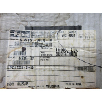 Parker 6 WTX-WLN-B Bulkhead Union 6WTXWLNB (Pack of 20)