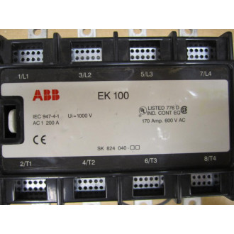ABB EK 100 Contactor 170Amp. 600Vac EK 100C4P-*L - Used