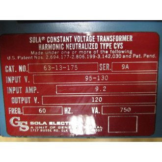 Sola 63-13-175 Constant Voltage Transformer 6313175 - Used