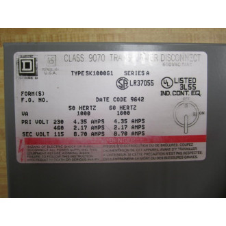Square D 9070 SK1000G1 Disconnect 9070SK1000G1 - Used