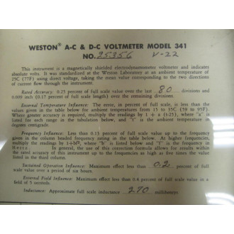 Weston 25356 Voltmeter Model 341 V-22 Vintage Antique - Used
