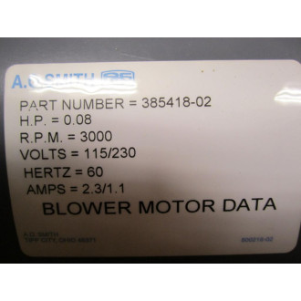 A.O. Smith 8-39220304-01 AC Motor w Blower Motor 385418-02