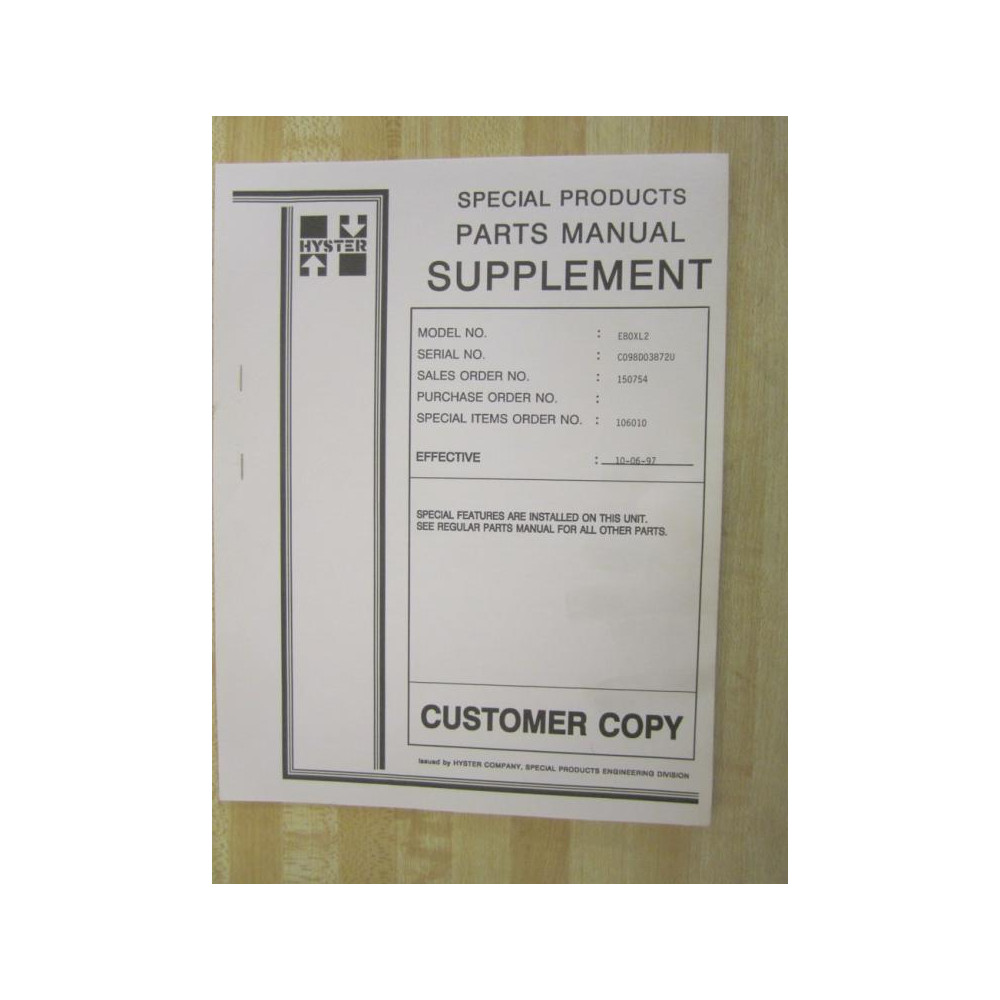 Hyster E80XL2 Supplement Parts Manual Hy-E80XL2 - Used