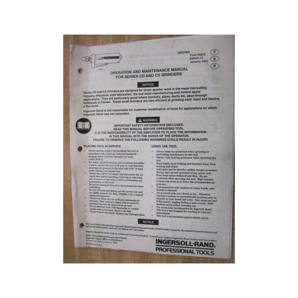 Ingersoll-Rand CD &AMP CX Grinders Manual - Used