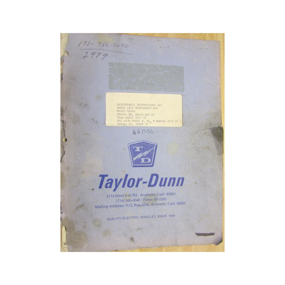 Taylor Dunn 1254B Instructions And Part List - Used