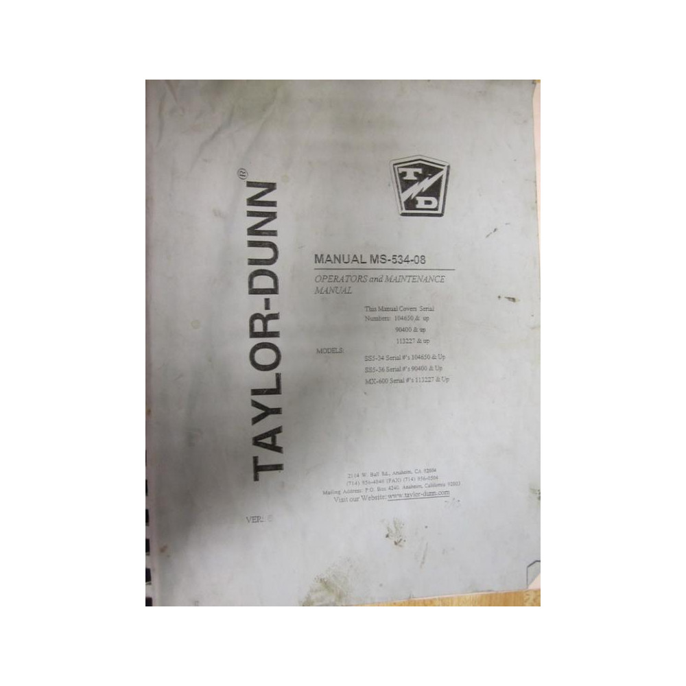 Taylor Dunn MS-534-08 Operators Manual MS53408 - Used