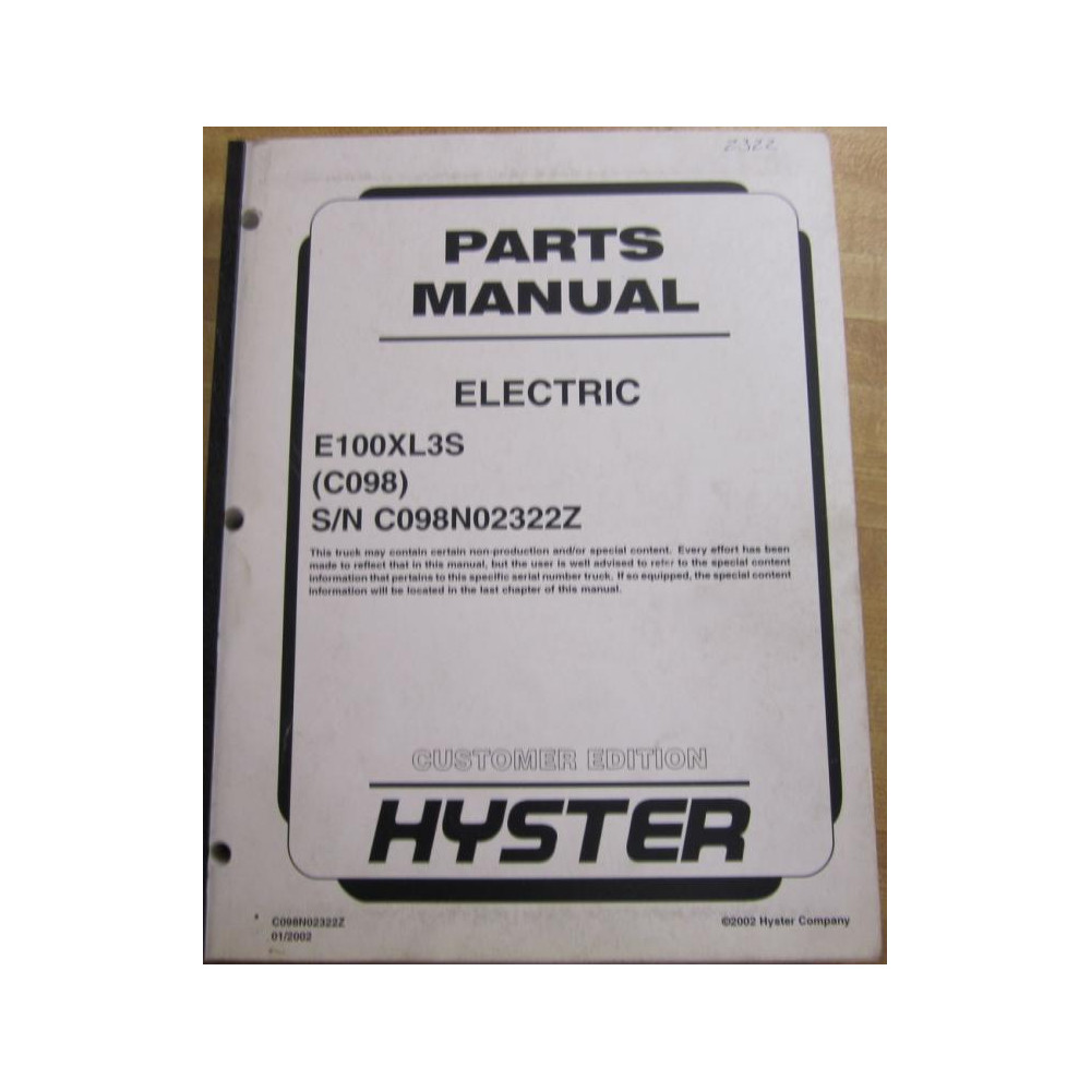 Hyster E100XL3S (C098) Electric Parts Manual Hy-E100XL3S - Used