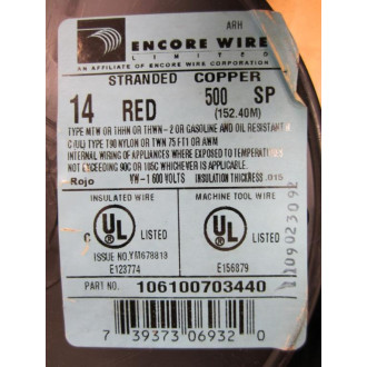 Encore Wire 106100703440 500 Foot Spool 14 AWG Red - New No Box