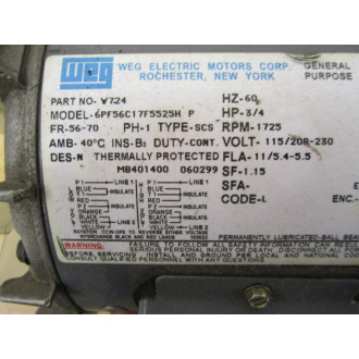 Weg Electric Motors 6PF56C17F5525H Motor Tested - Used
