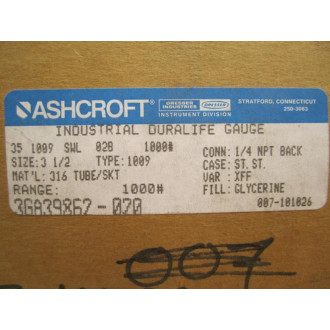 Ashcroft 35 1009 SWL 028 1000 Gauge Glycerin Filled
