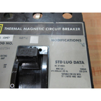 Square D Q232225H 225A Circuit Breaker W3 Bus Terminals - Used