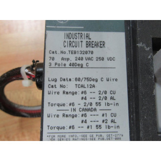 General Electric TEB132070 70A Circuit Breaker - Used