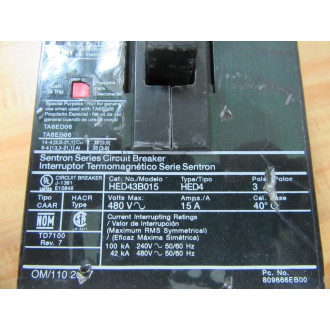 Siemens HED43B015 15A Circuit Breaker  HED43B015L - New No Box