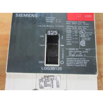 Siemens LGG3B125 125A Circuit Breaker LGG3B125L - Used