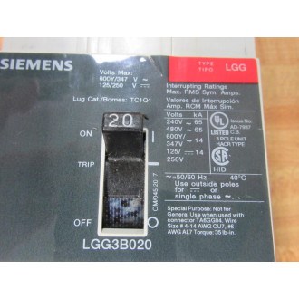 Siemens LGG3B020 Circuit Breaker LGG3B020L - Used