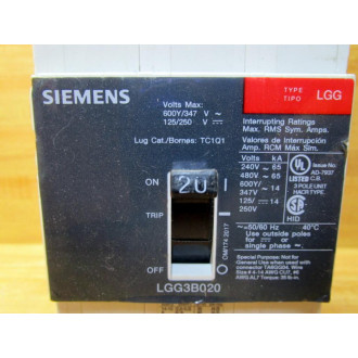 Siemens LGG3B020 Circuit Breaker LGG3B020L Cracked Housing - Used