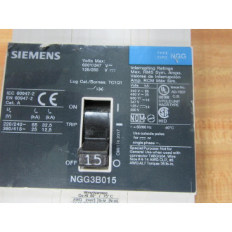 Siemens NGG3B015 15A Circuit Breaker NGG3B015L - Used