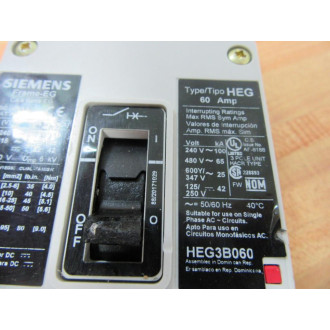 Siemens HEG3B060 60A Circuit Breaker HEG3B060L Broken Switch - Used