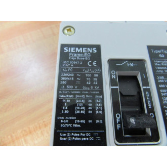 Siemens HEG3B060 60A Circuit Breaker HEG3B060L Broken Switch - Used