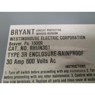 Westinghouse RHUN361 Safety Switch - Used