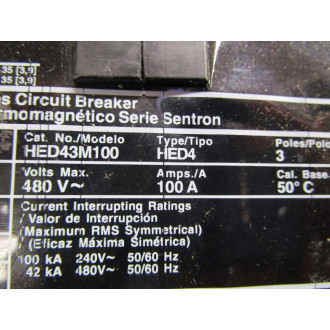Siemens HED43M100 Circuit Breaker HED43M100L - Used