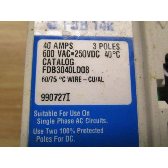 Cutler Hammer FDB3040LD08 Eaton Circuit Breaker - Used