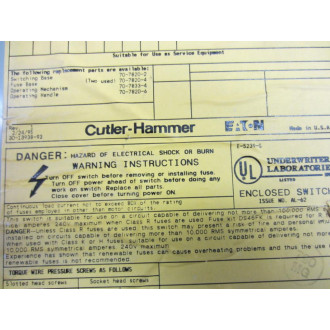 Cutler Hammer DG224NGK Eaton Safety Switch 200 Amp Series B - Used