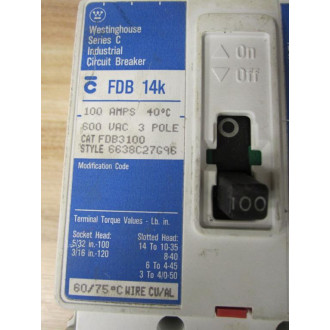 Cutler Hammer FDB3100 Eaton Circuit Breaker Missing Lugs - Used