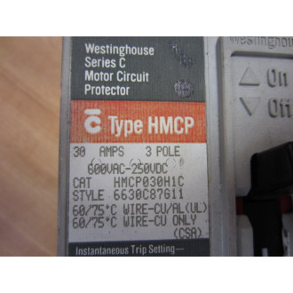 Westinghouse HMCP030H1C Cutler Hammer 30A Breaker 6630C87G11 - Used