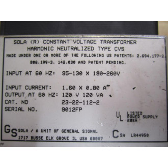 Sola 23-22-112-2 Transformer 23221122 Input Current: 1.60 X 0.80A