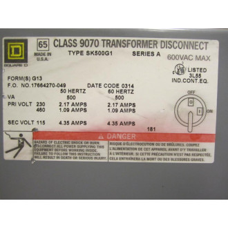 Square D 9070-SK500G1 Disconnect 9070SK500G1 Enclosure Only - Used