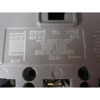 Westinghouse HFB3070 Circuit Breaker 4976D04G42 Cracked Housing - Used